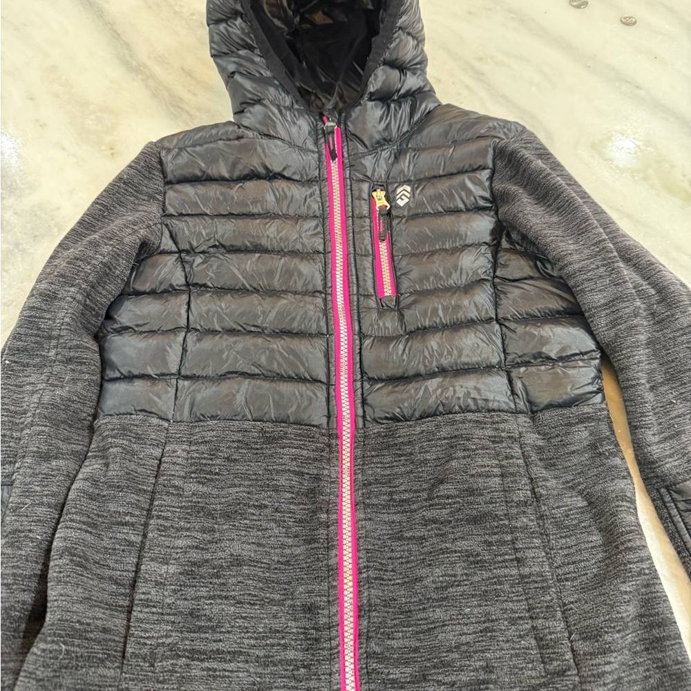 Gray and Black Hooded Jacket with Pink Zipper
